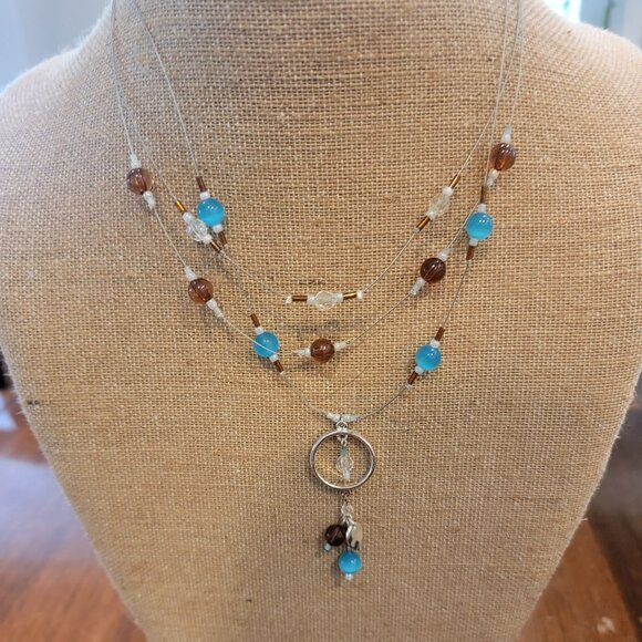 Boho Set Necklace & Earrings in Silver/Amber/Blue/Clear Beadwork - Picture 1 of 11